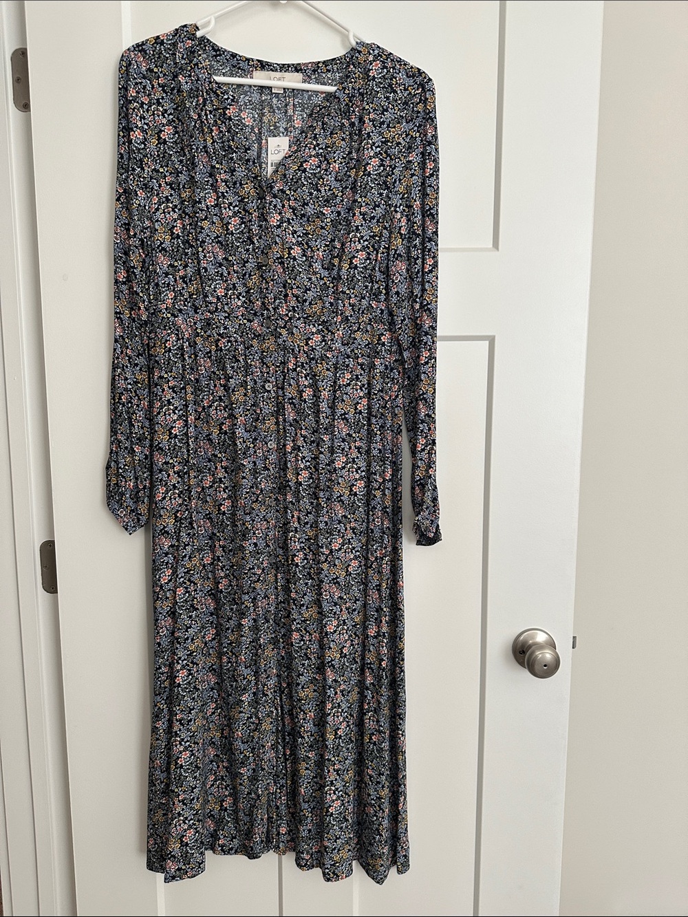 LOFT Navy Floral Midi Dress with Pink & Cream Accents